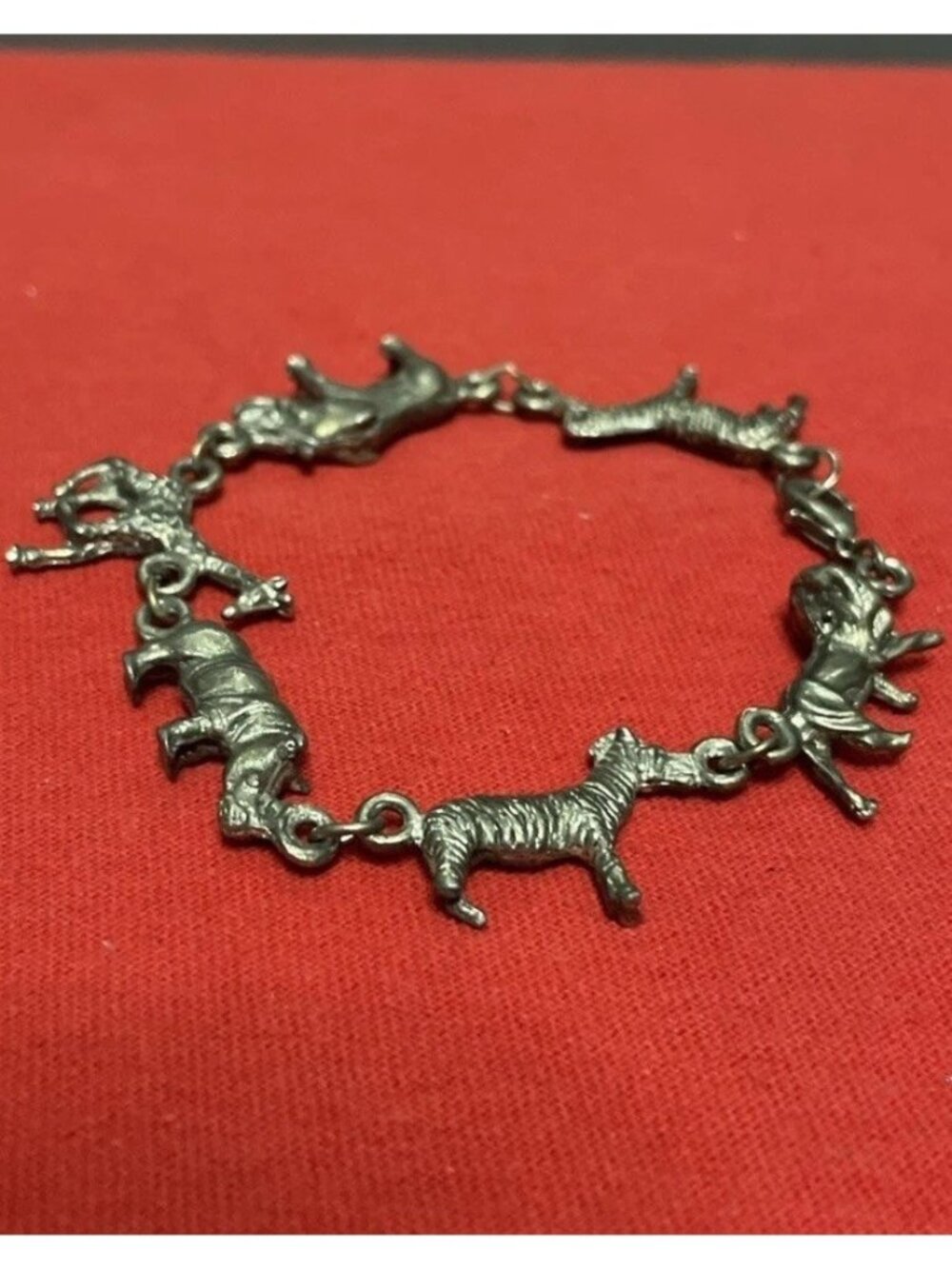 Vintage Silver Pewter African Animal Safari Charm Retro Bracelet 8" Dimensional